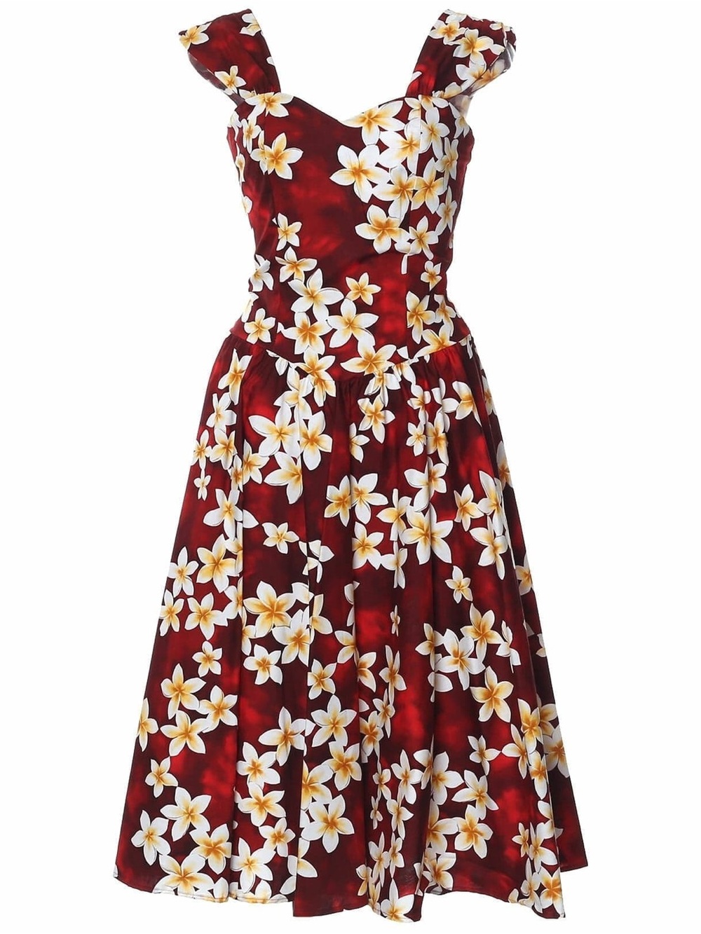 Vintage Royal Creations Red Hawaiian Midi Dress with White Floral Plumeria Print